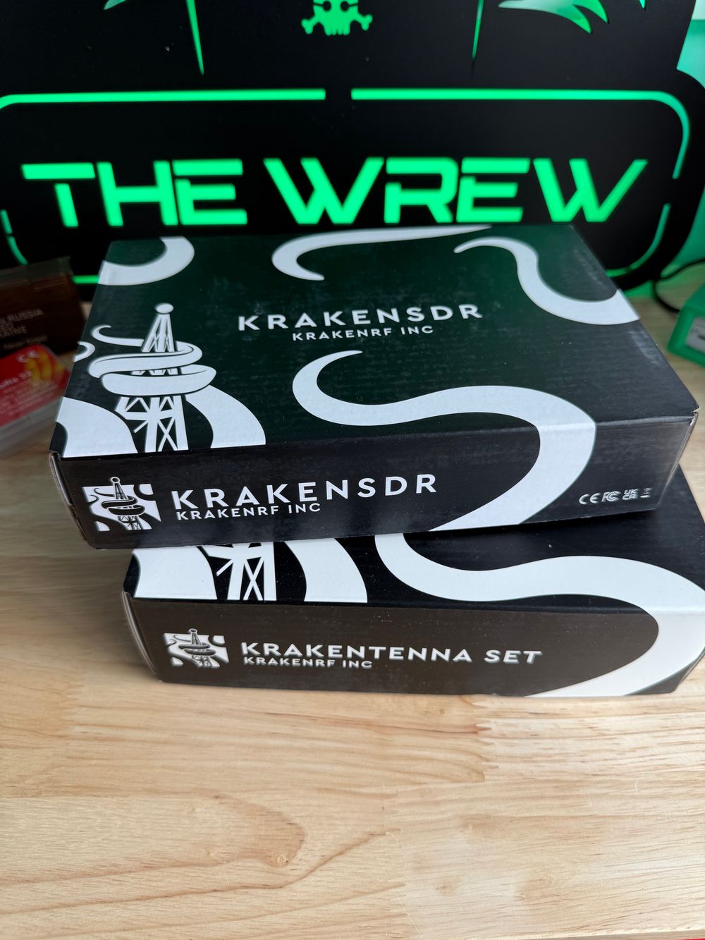 KrakenSDR and Matched antenna set still in boxes on Wrew’s workbench 