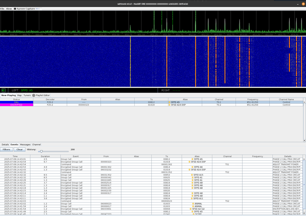 Screenshot of SDRTrunk showing successful setup and decoding of P25 Phase 2 for San Francisco