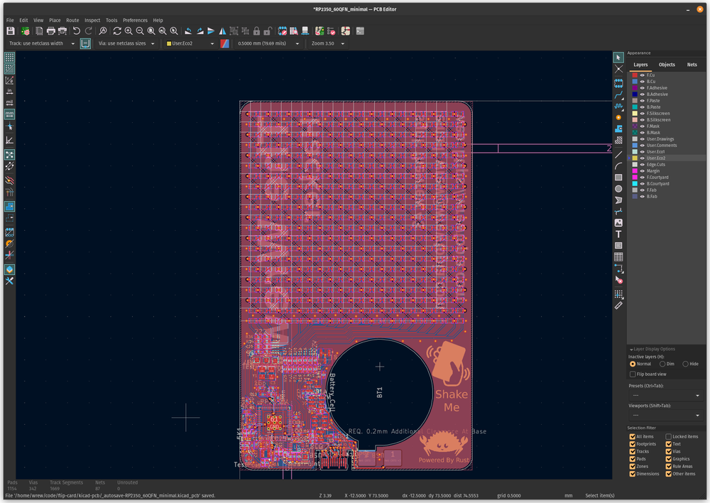 A screenshot of KiCad with the flip-card PCB design displayed